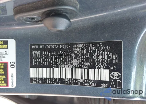 2015 Toyota Corolla Le Plus из США, поврежденный, VIN 2T1BURHE0FC280566